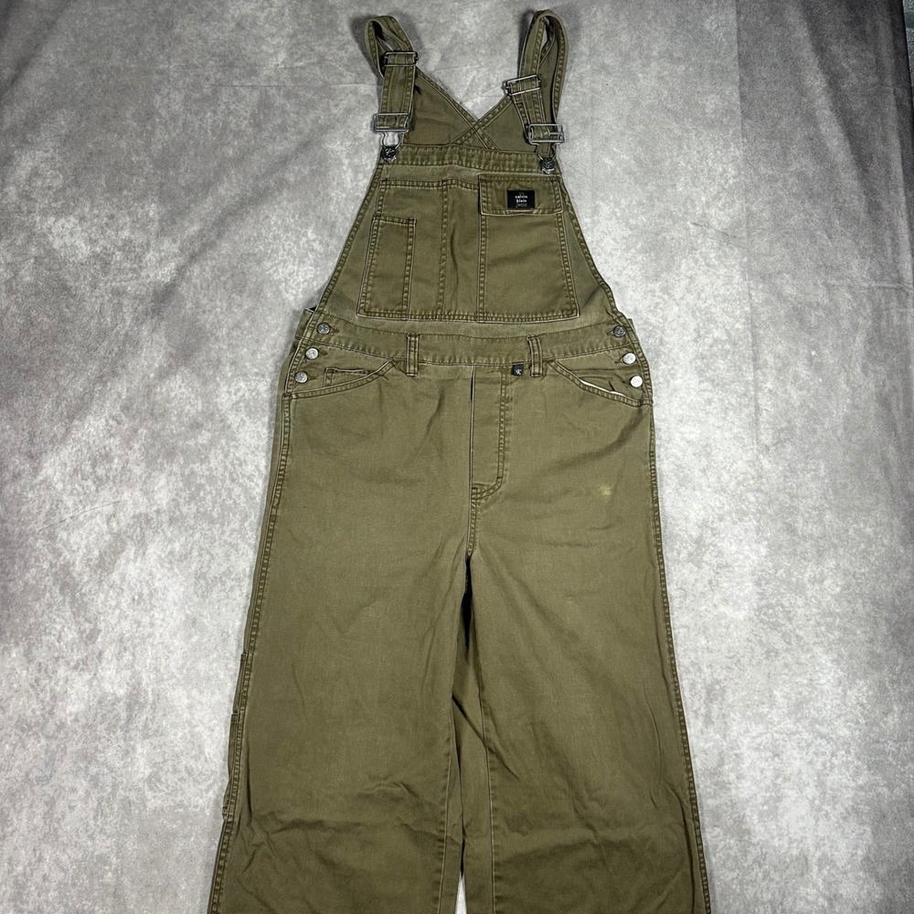 Calvin Klein Jeans Womens Small Olive Green Denim Wide Leg Overalls Utility Bib
